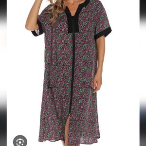 Women's Floral Zip-Front Nightgown - Pink & Green